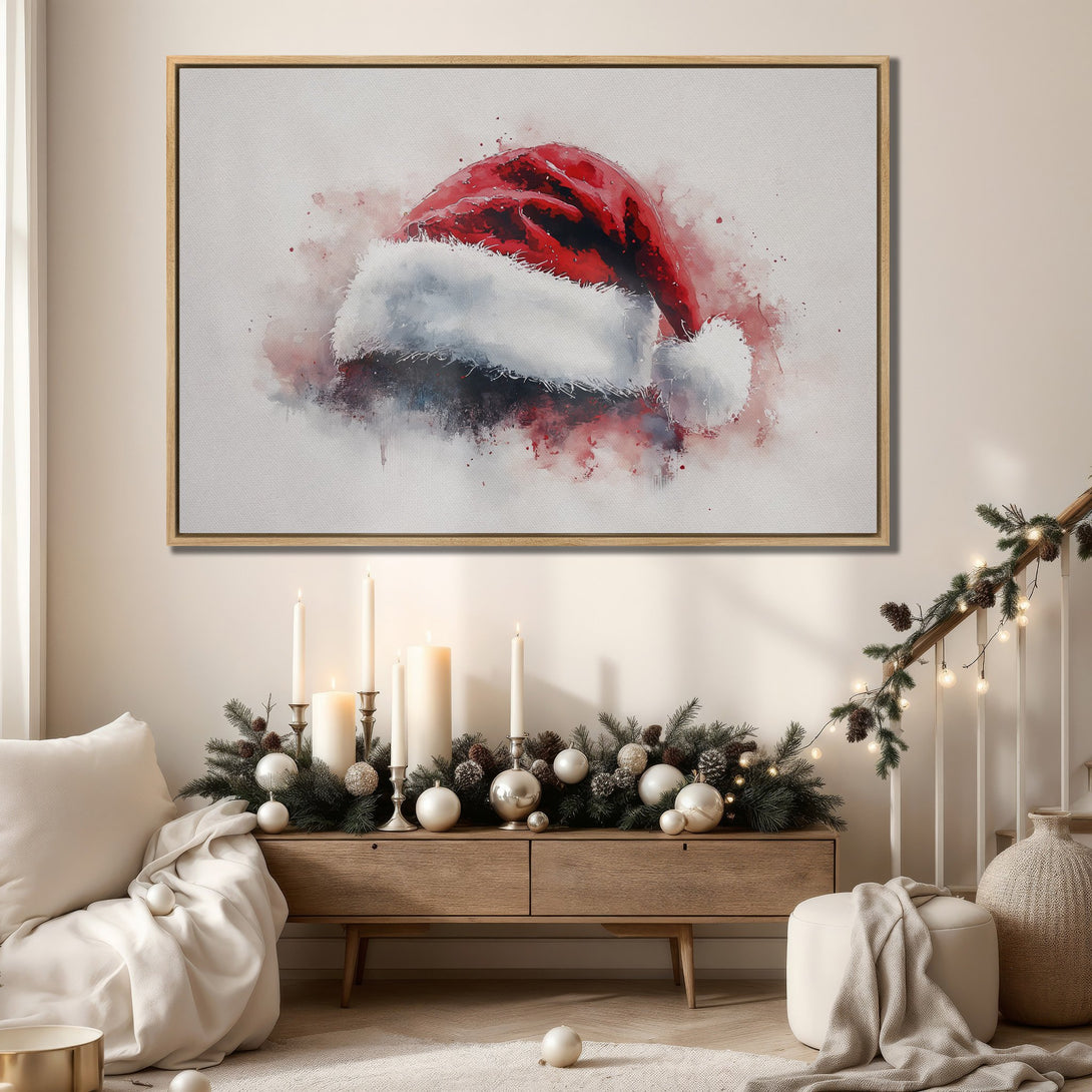 Framed Wall Art: Watercolor Santa hat in red, white, and neutral tones. Stylish holiday decor for a cozy home. Perfect Christmas gift!