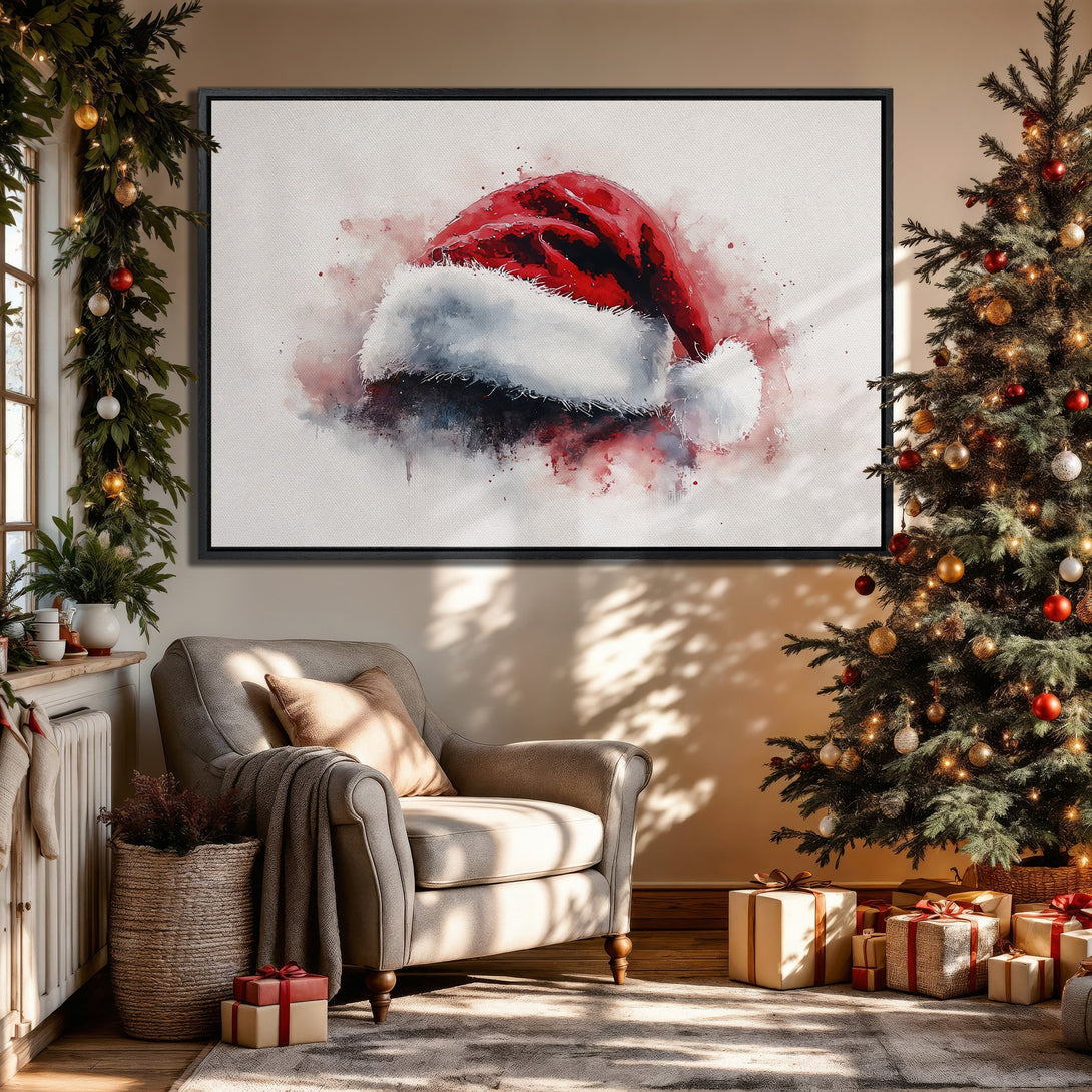 Framed Wall Art: Watercolor Santa hat in a cozy interior. Red, white, and neutral tones create a festive and inviting atmosphere. Perfect Christmas decor!