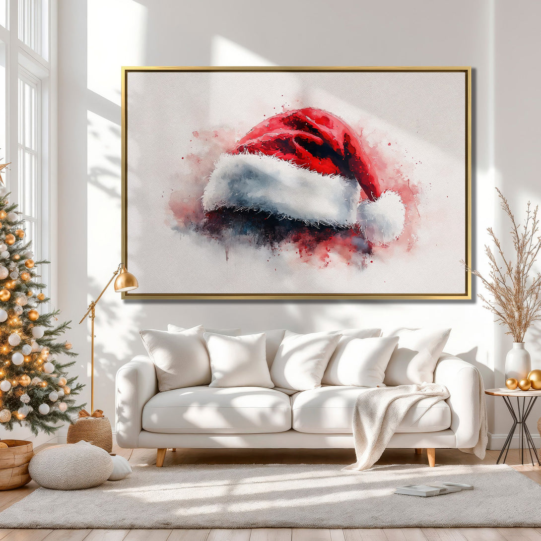 Watercolor Santa hat Canvas Print in red, white, and neutral tones. Perfect Christmas wall art for cozy interiors.