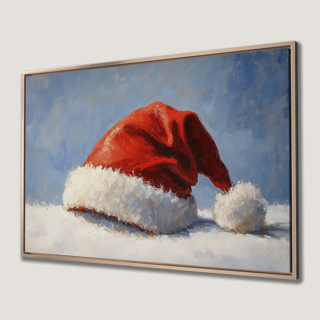 Framed Wall Art: Festive Santa hat painting in a vibrant red, white, and blue palette. Perfect holiday decor for your home. Shop now!