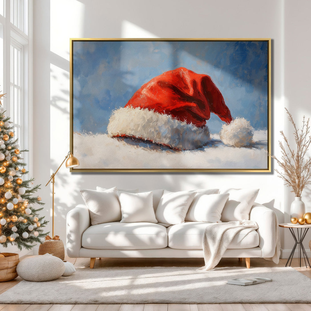 Canvas Print of a Santa hat painting in a cozy interior. Features a red, white, and blue color palette with a festive, impressionistic style.