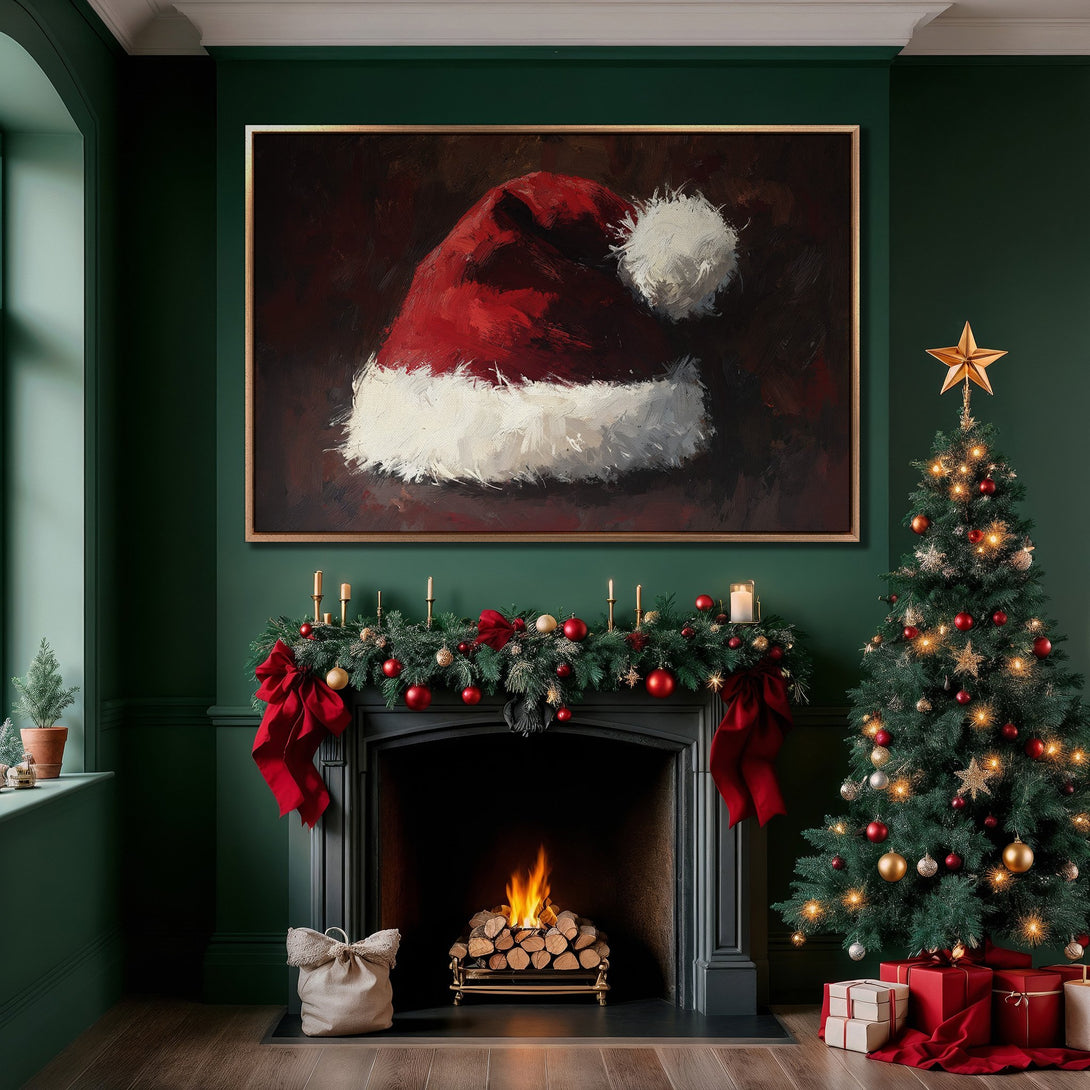 Framed Wall Art: Festive Santa hat painting in a cozy Christmas interior. Rich red & white against a dark green backdrop. Perfect holiday decor!