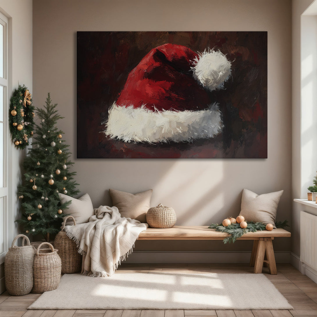 Framed Wall Art: Festive Santa hat painting in a modern living room. Red, white, and brown color palette. Perfect Christmas decor.
