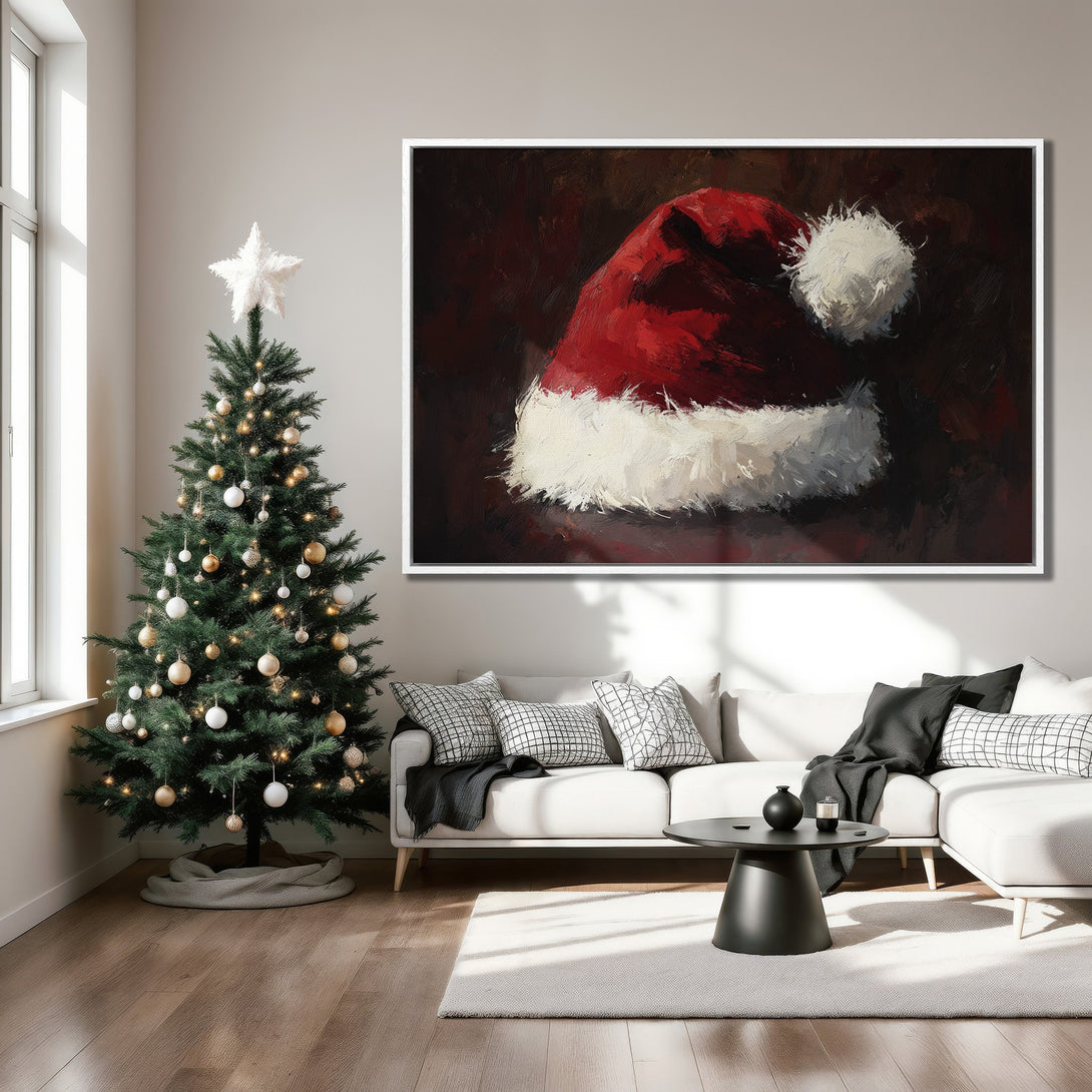 Framed Wall Art: Festive Santa hat painting in a modern interior. Rich red, white, and dark tones create a cozy holiday vibe. Perfect Christmas decor!