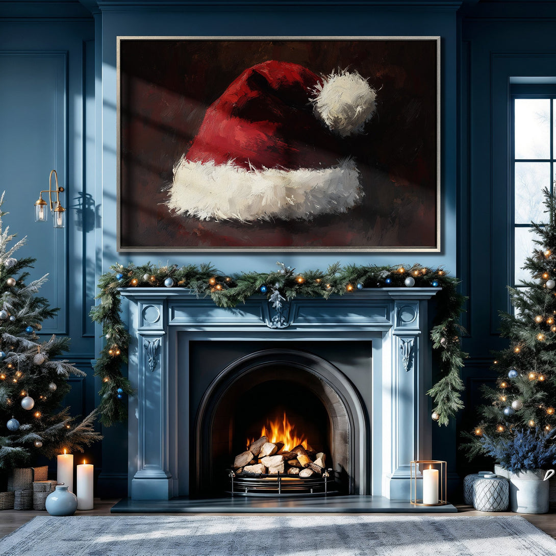 Framed Wall Art: Festive Santa hat painting in a cozy blue interior. Abstract style with red, white, and dark tones. Perfect Christmas decor for your home!