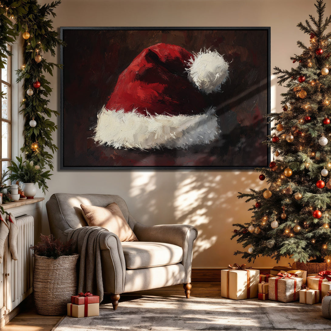 Framed Wall Art: Festive Santa hat painting in a cozy Christmas interior. Rich red, white, and brown palette. Perfect holiday decor!