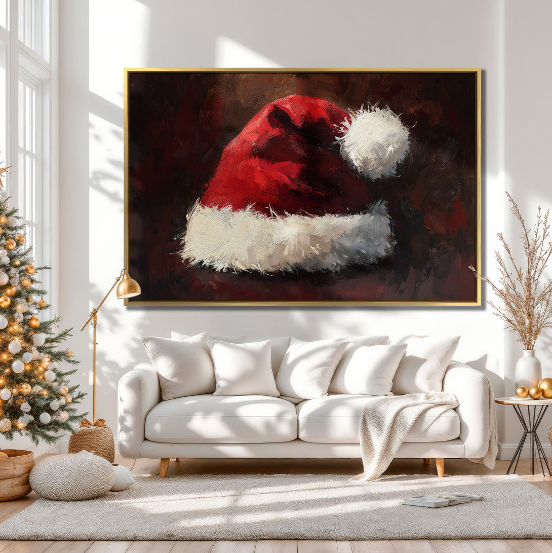 Canvas Print of Santa hat art in a cozy interior, featuring a red, white, and brown color palette. Perfect Christmas wall decor!