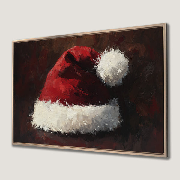 Framed Wall Art: Festive Santa hat painting in red, white, and brown. Perfect holiday decor for your home! Shop now for unique art.