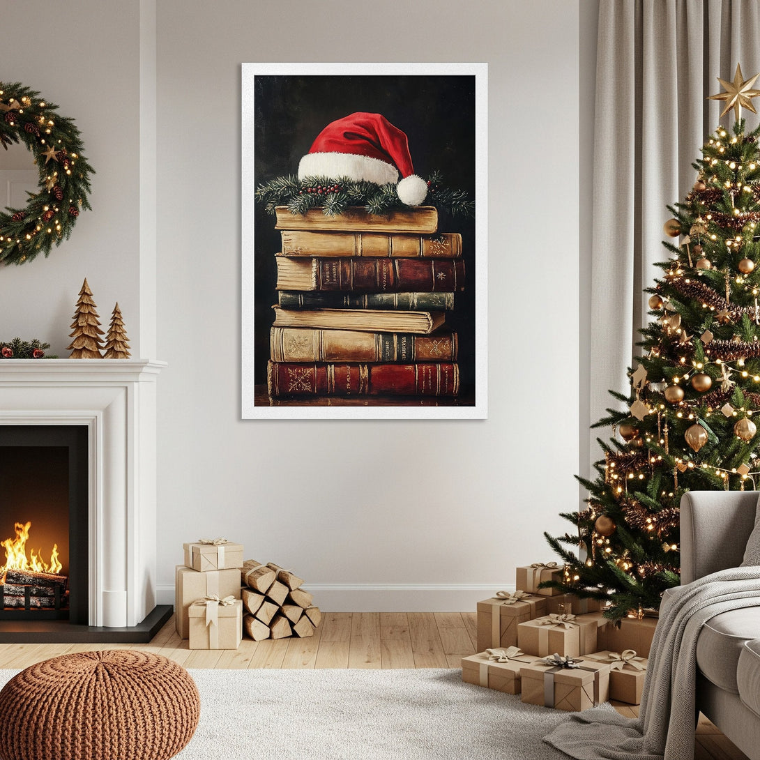 Framed Poster featuring a festive Santa hat on books. Warm, inviting style with a cozy, neutral color palette. Perfect holiday decor!