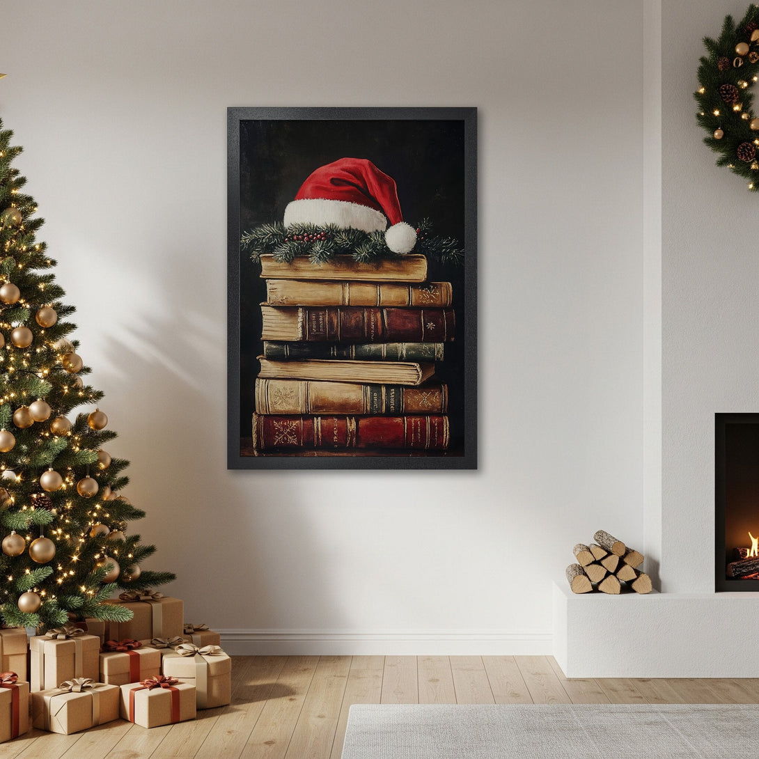 Framed Poster of Santa hat on books, warm tones, perfect for holiday decor.
