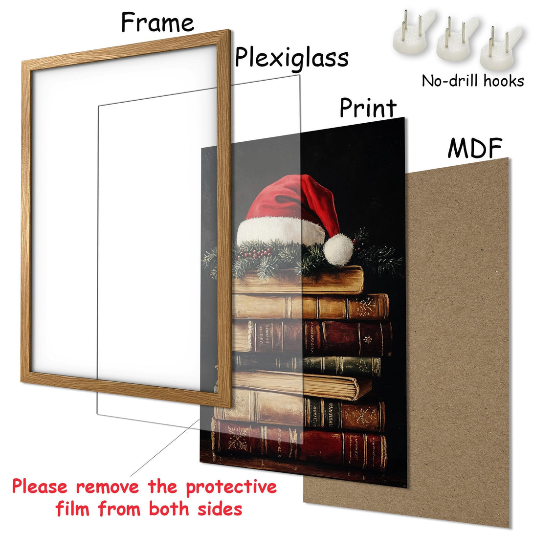 Framed Poster featuring a Santa hat on books, classic style, warm tones. Perfect holiday decor!