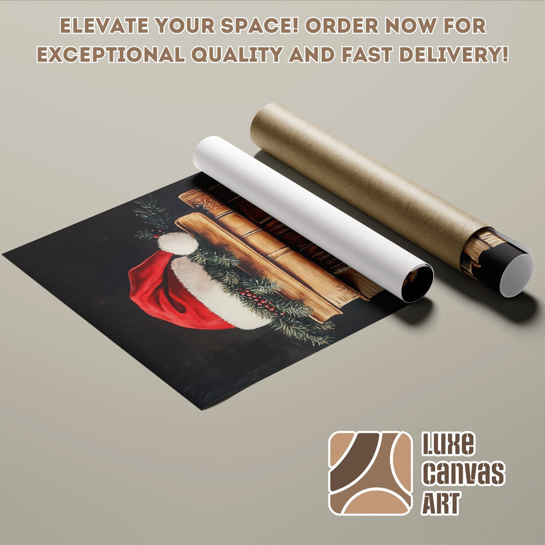 Poster Roll featuring a Santa hat and books, with a dark, warm color palette. Elevate your decor!