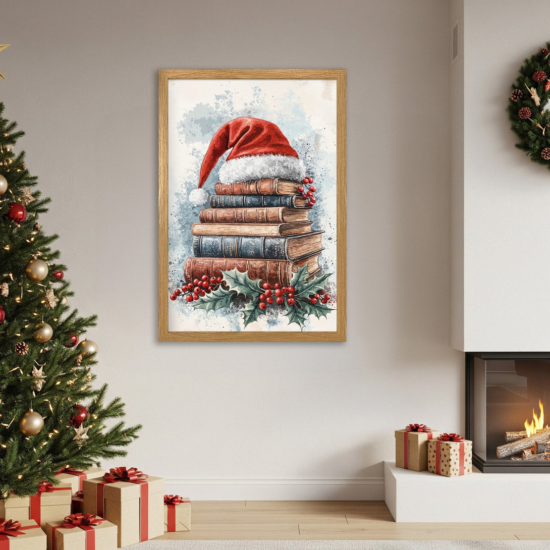 Framed Poster featuring a watercolor Christmas scene with a Santa hat on books. Warm, festive color palette. Perfect holiday decor!