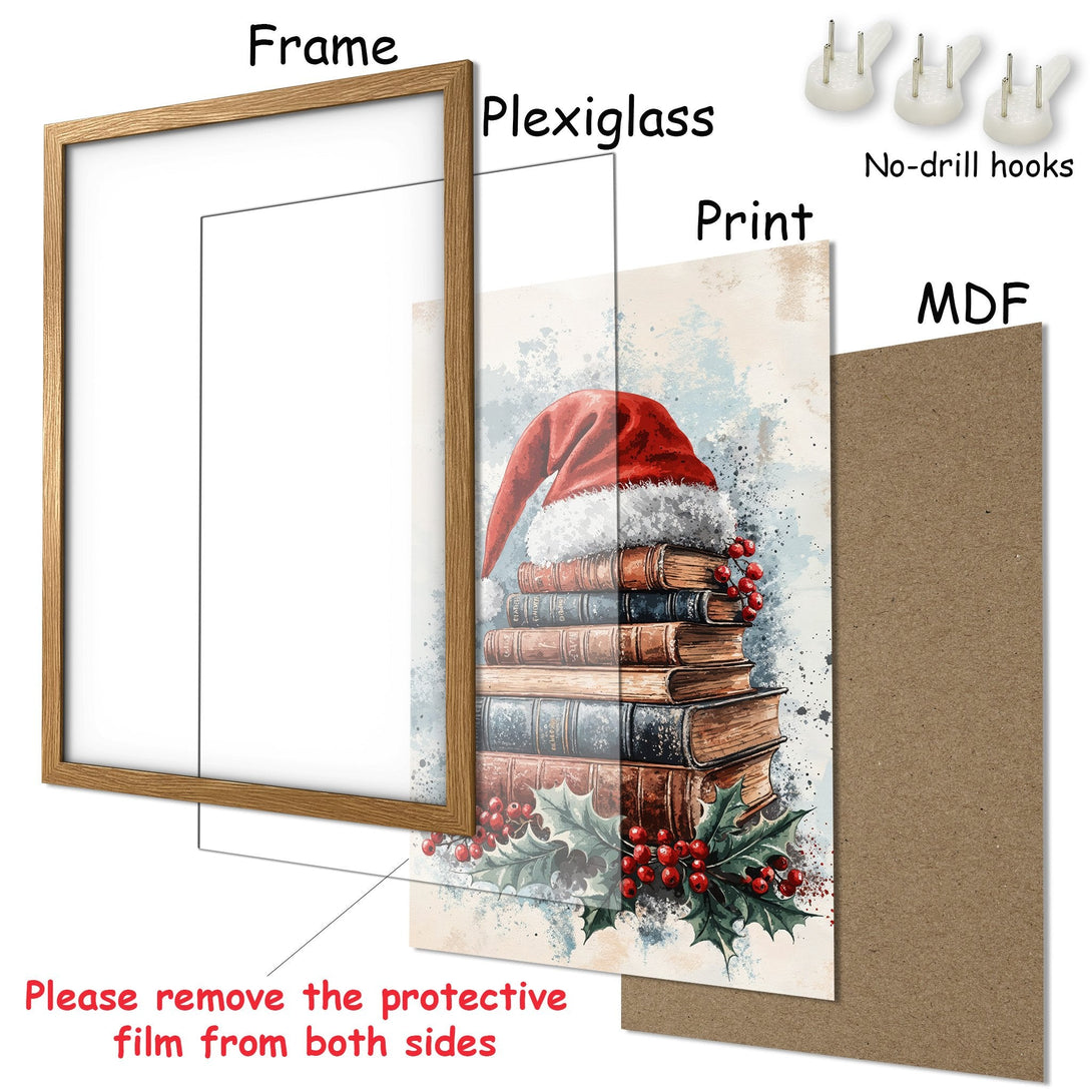 Framed Poster featuring a Santa hat on books, watercolor style, warm and cool tones. Perfect Christmas decor!