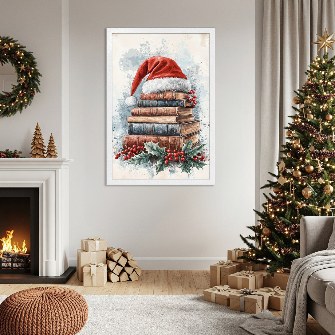 Framed Poster of Christmas books and Santa hat in watercolor style, featuring red, brown, and blue hues. Perfect holiday decor!