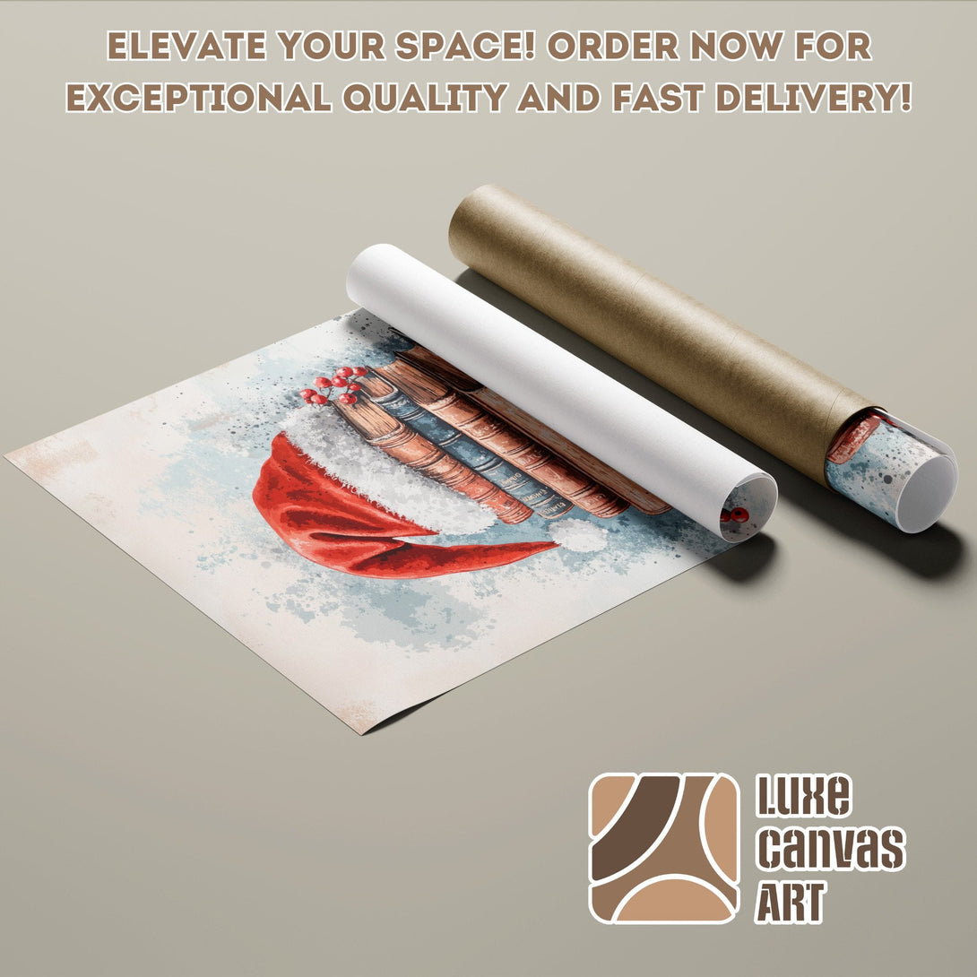 Poster Roll featuring a watercolor illustration with a red bow, books, and berries. Soft blue and brown palette.