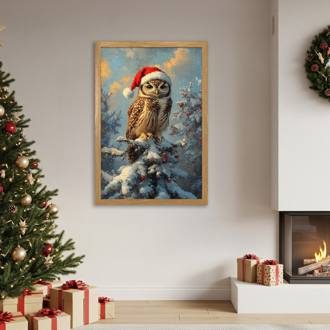 Framed Poster of a festive owl in a Santa hat. Winter wonderland art with a blue, white, and brown color palette. Perfect Christmas decor!