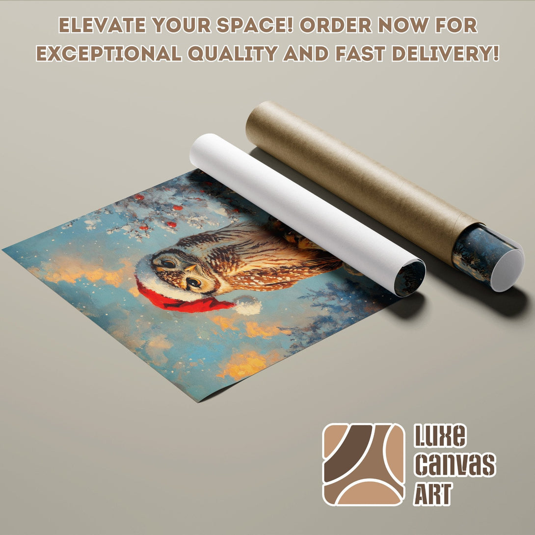 Owl in Santa hat art poster roll, winter scene, blue & orange palette. Order your poster today!