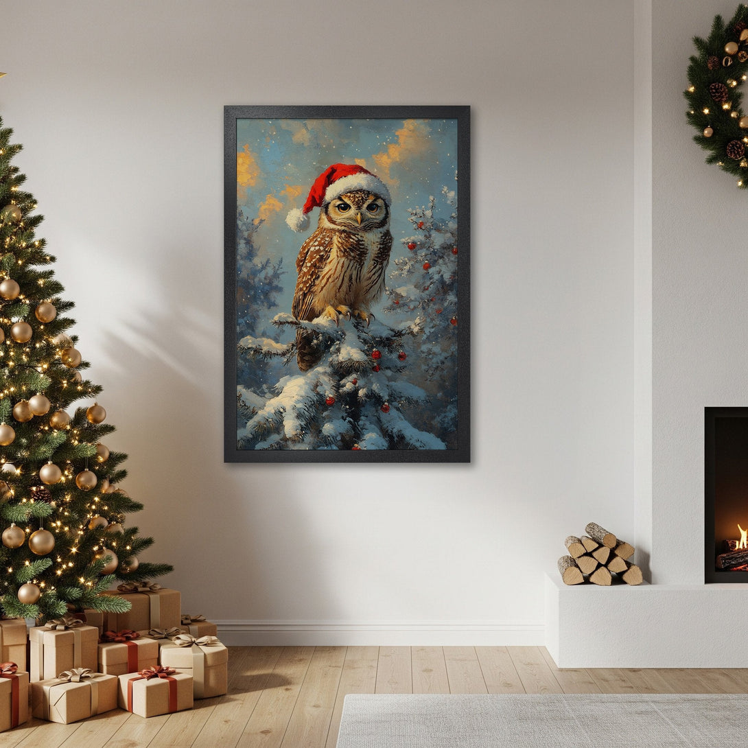 Framed Poster featuring a festive owl in a Santa hat, painted in a cozy, whimsical style with a blue and gold color palette. Perfect holiday decor!