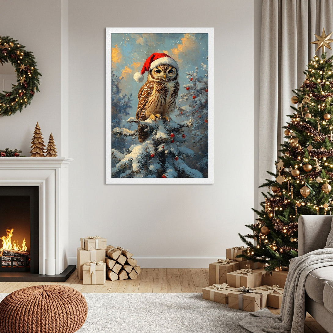 Framed Poster of owl in Santa hat, wintery art style, blue & brown palette. Perfect Christmas decor!