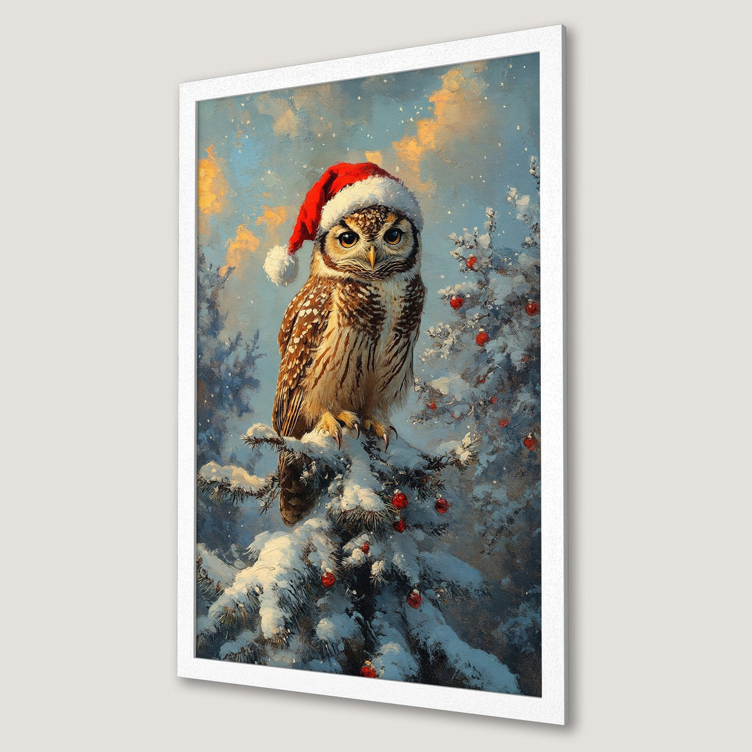 Framed Poster featuring a festive owl in a Santa hat. Winter scene with blue, white, and red color palette. Perfect holiday decor!
