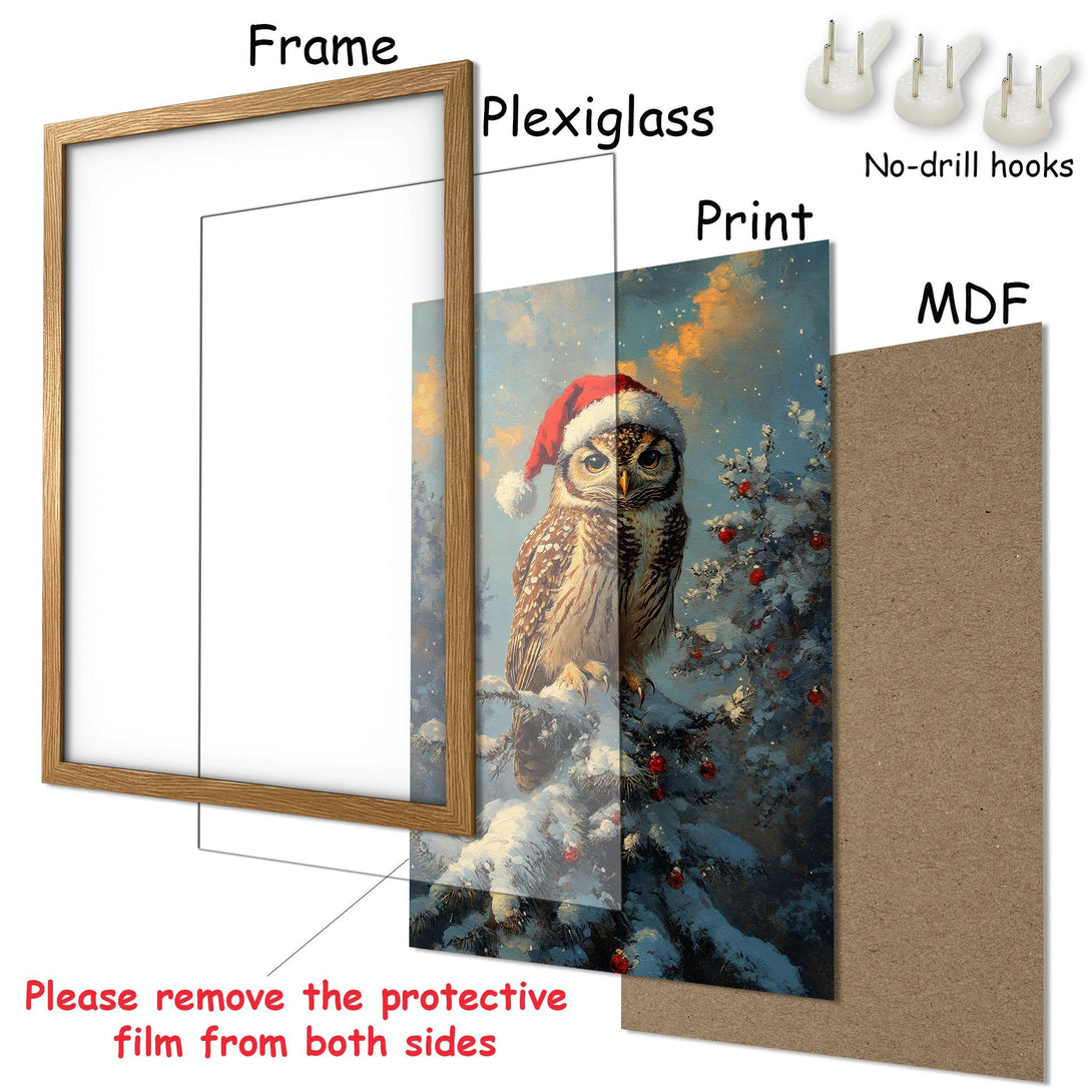 Framed Poster featuring a festive owl in a snowy scene, with a blue and brown color palette. Perfect holiday decor!