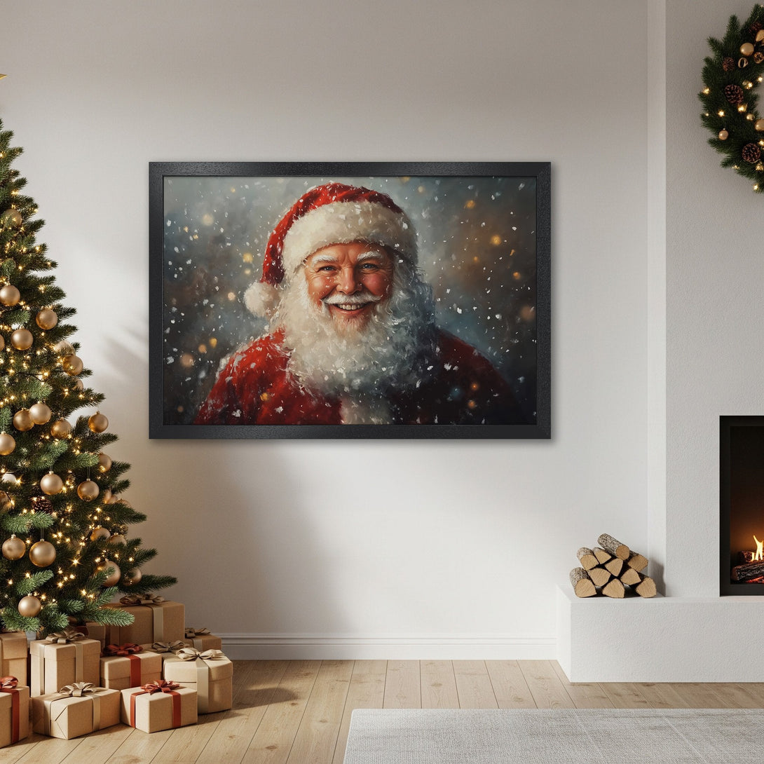 Framed Poster featuring Santa Claus in a painterly style with red, white, and gold tones. Perfect Christmas decor!