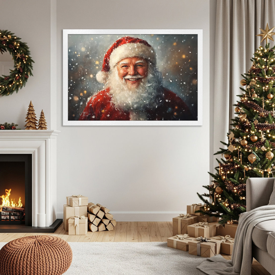 Framed Poster of Santa Claus, festive art in red and white, perfect for Christmas decor.