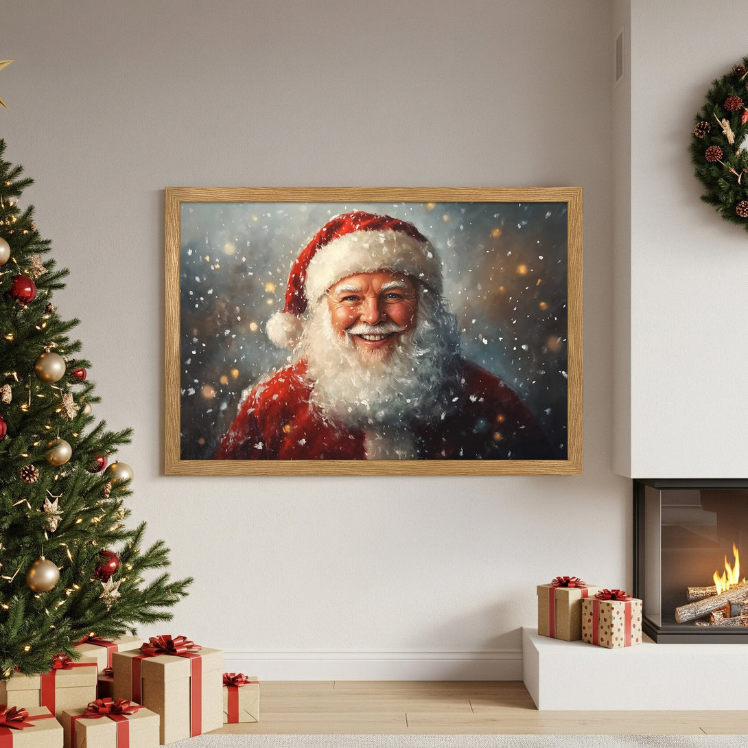Framed Poster featuring Santa Claus, painterly style, red and white palette, perfect Christmas decor.