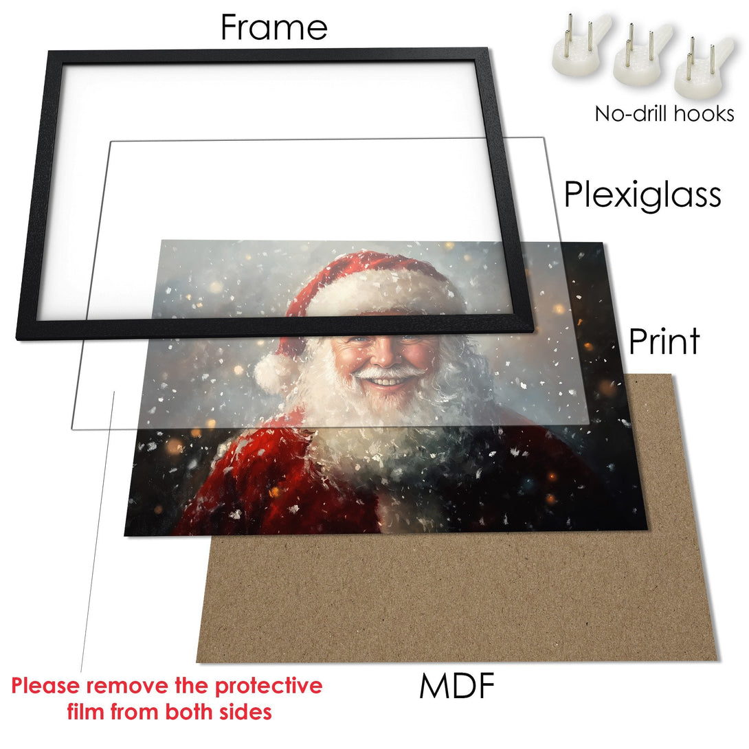 Framed Poster featuring Santa Claus in a snowy scene. Festive art with a warm, inviting color palette, perfect for holiday decor.