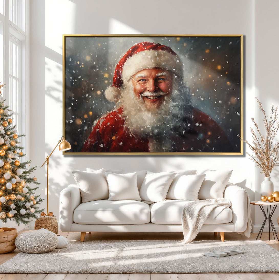 Canvas Print of Santa Claus in a cozy interior, warm neutral tones with pops of red. Perfect Christmas wall art!