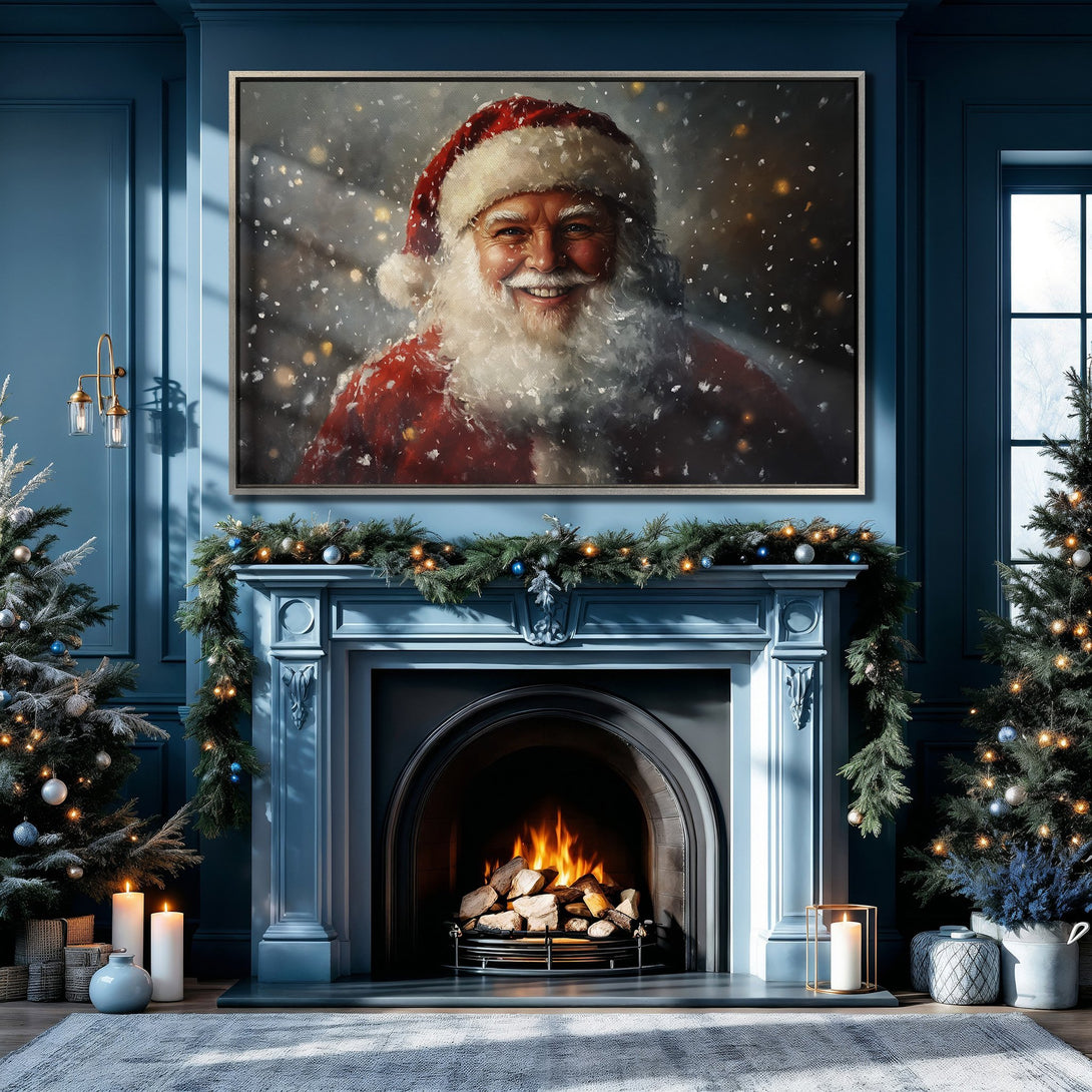 Framed Wall Art of Santa Claus in a snowy scene, displayed in a cozy blue interior. Perfect Christmas decor, warm color palette.