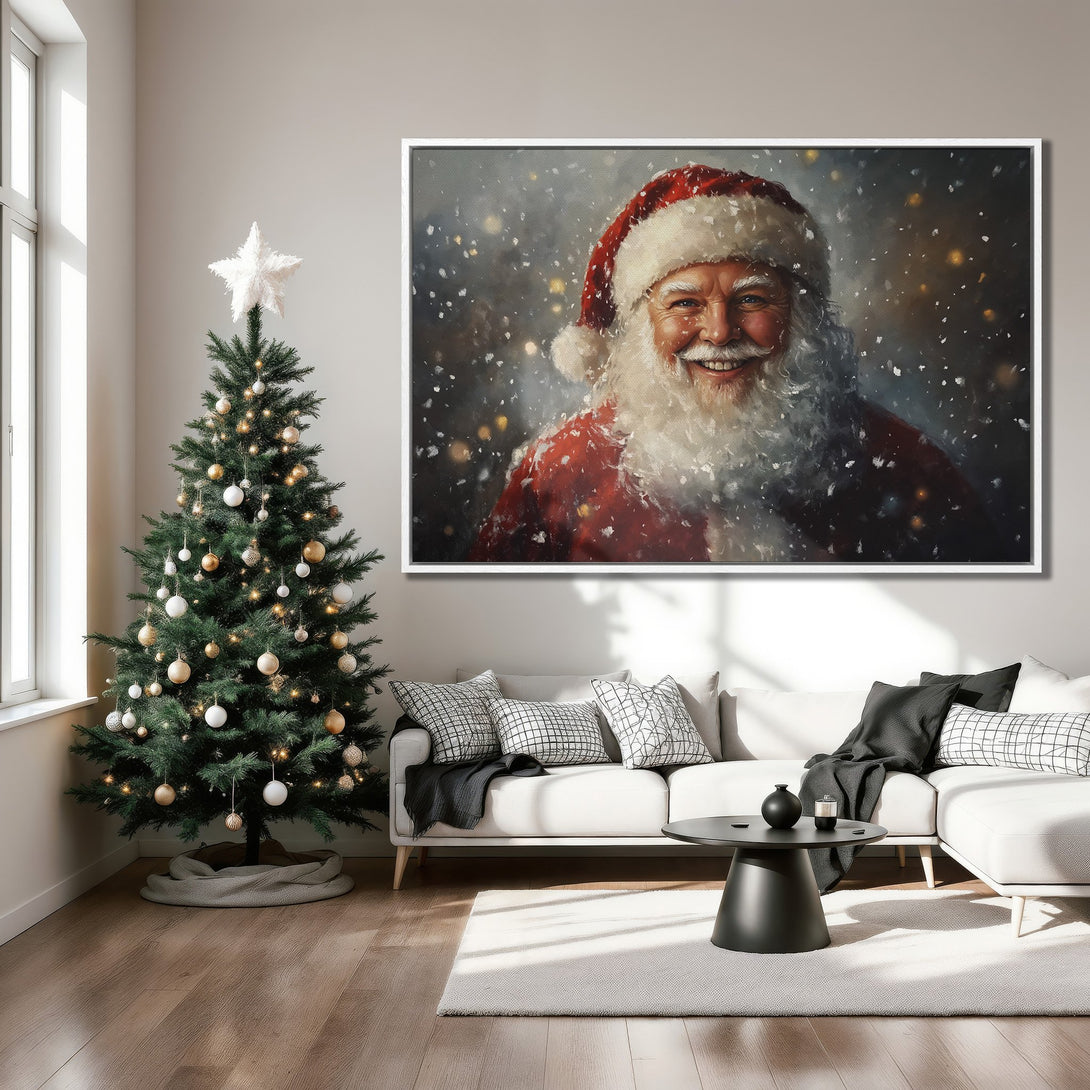Framed Wall Art of Santa Claus in a snowy scene. Festive Christmas decor in red, white, and neutral tones. Perfect for holiday home styling.