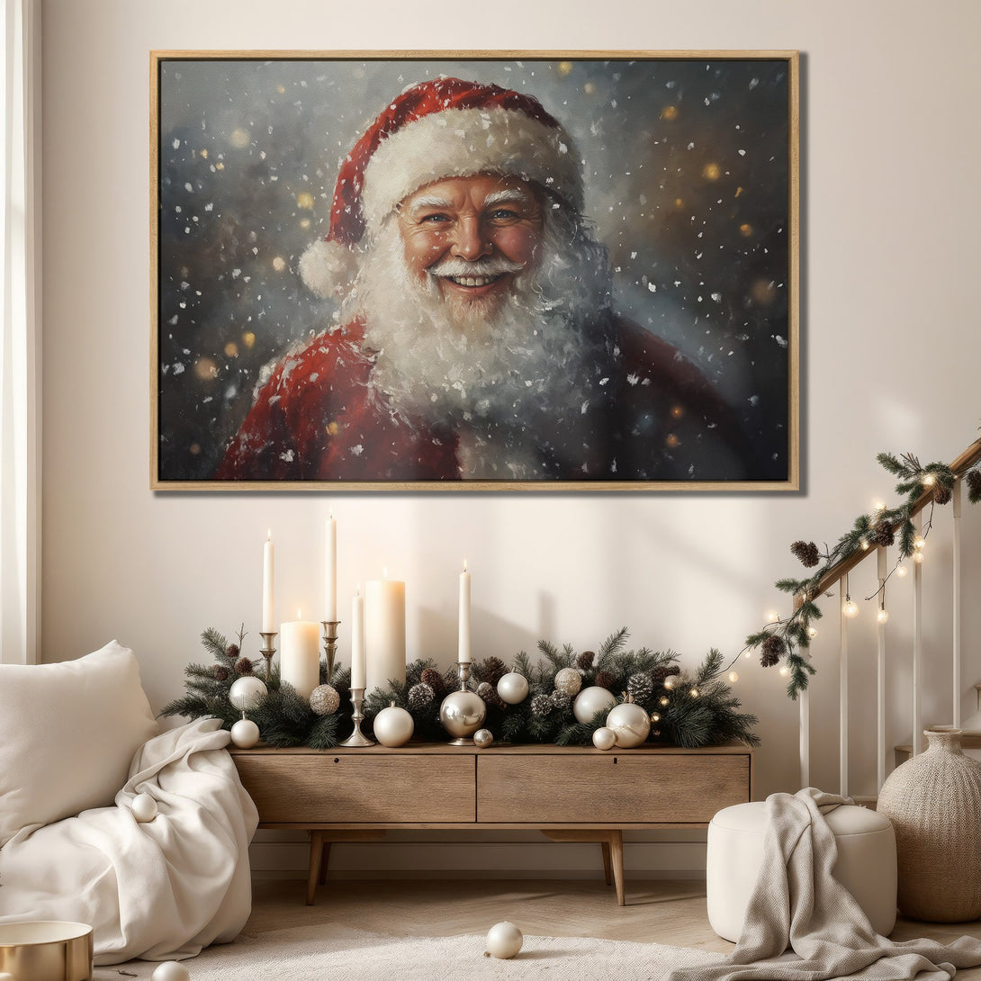 Framed Wall Art of Santa Claus smiling, painted in a warm, festive style with red and white accents. Perfect Christmas decor for your home.
