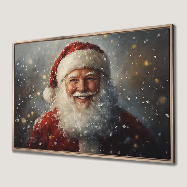 Framed Wall Art: Smiling Santa Claus portrait in a snowy scene. Festive red, white, and gold color palette. Perfect Christmas decor.