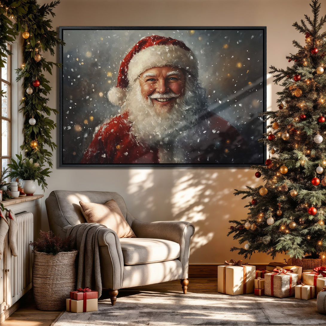 Framed Wall Art of Santa Claus in a cozy Christmas scene. Warm, inviting color palette with reds, golds, and neutral tones. Perfect holiday decor!