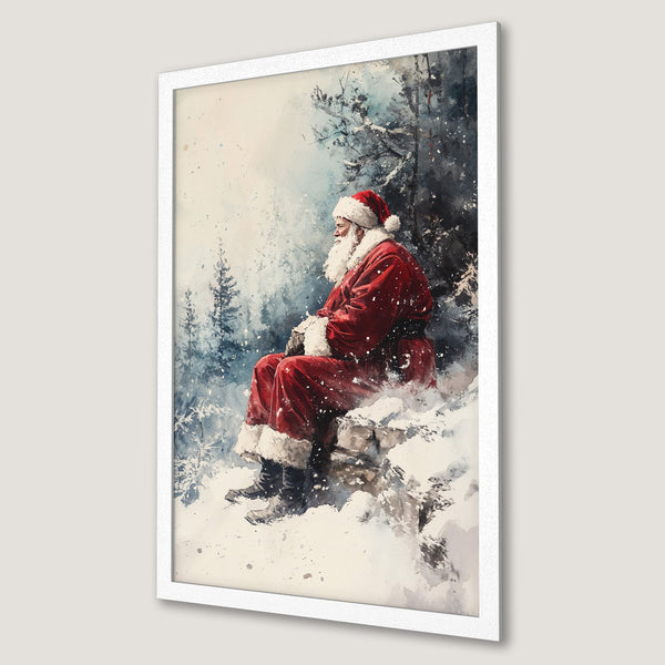 Framed Poster featuring Santa Claus in a watercolor style, snowy scene. Red, white, and blue color palette. Perfect Christmas decor!