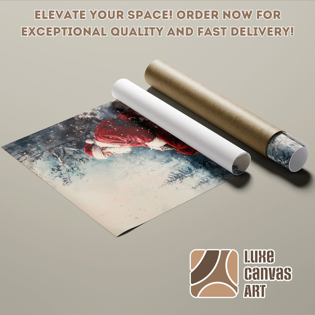 Poster Roll featuring Santa in a snowy scene, artistic style, with a cool color palette. Order now!