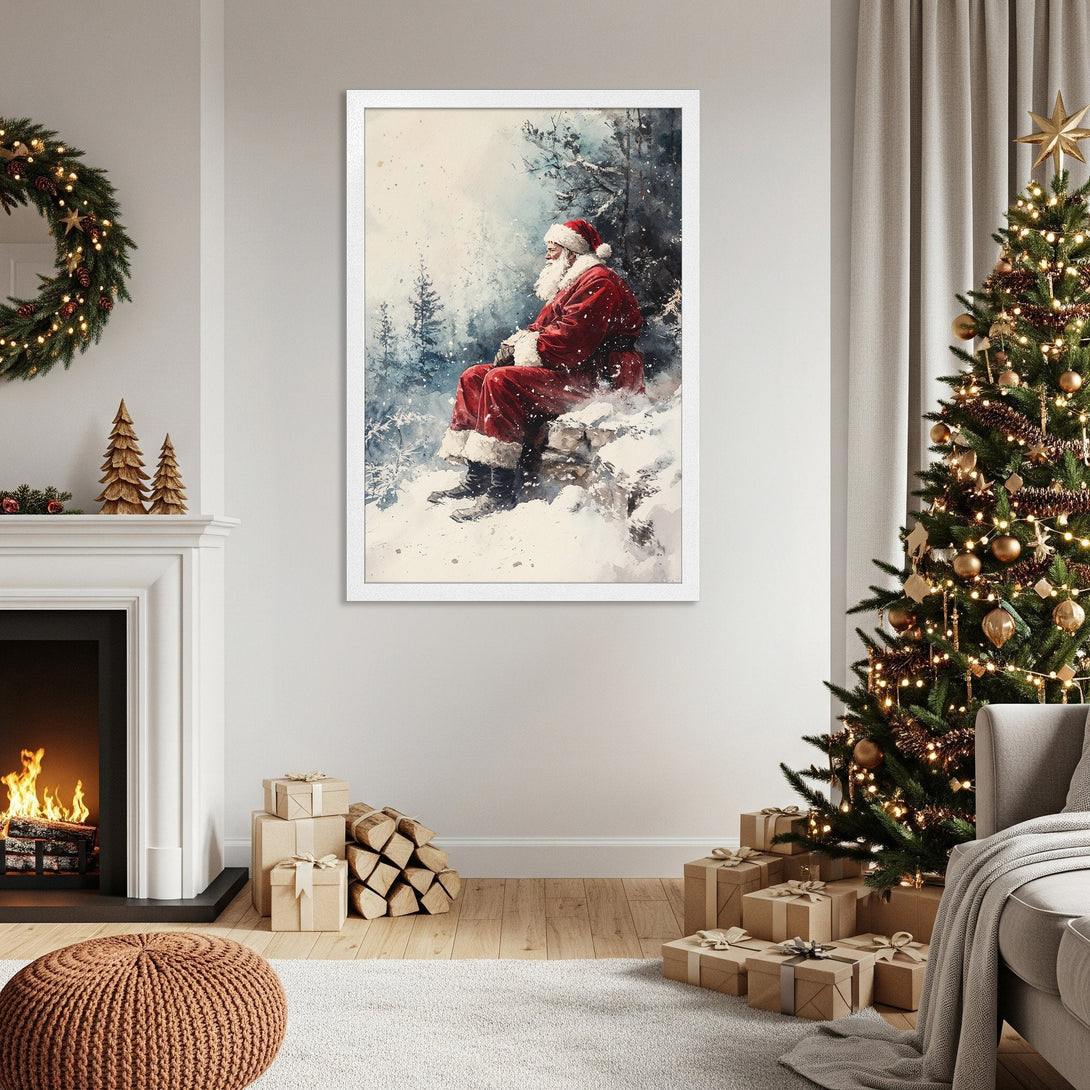 Framed Poster of Santa in a watercolor style, red and blue color palette, perfect for Christmas decor.
