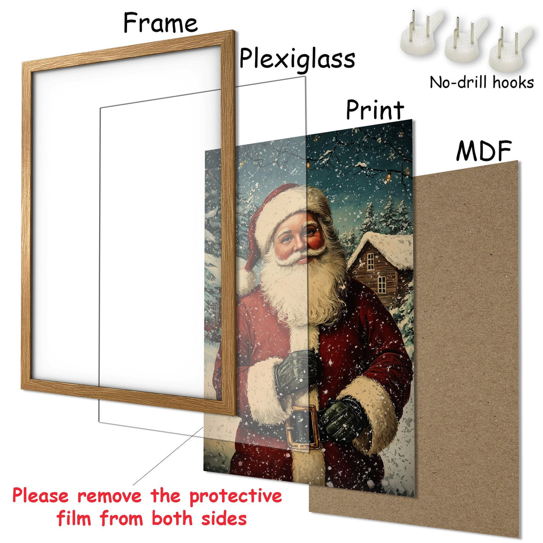 Framed Poster featuring Santa Claus in a vintage style with a red and wintery color palette, perfect for holiday decor.