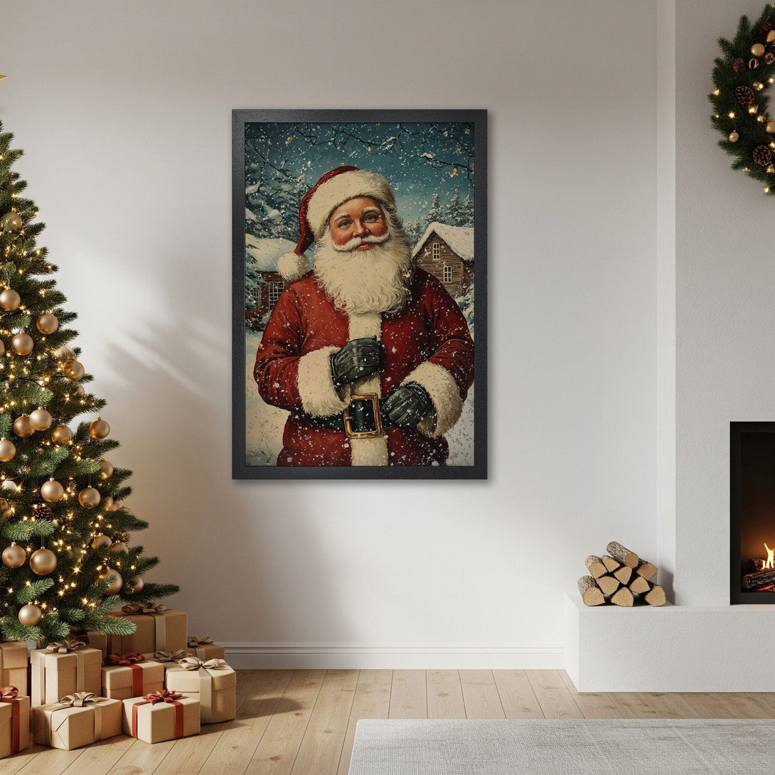 Framed Poster featuring Santa Claus in a vintage style, with red, white, and blue color palette. Perfect Christmas decor!