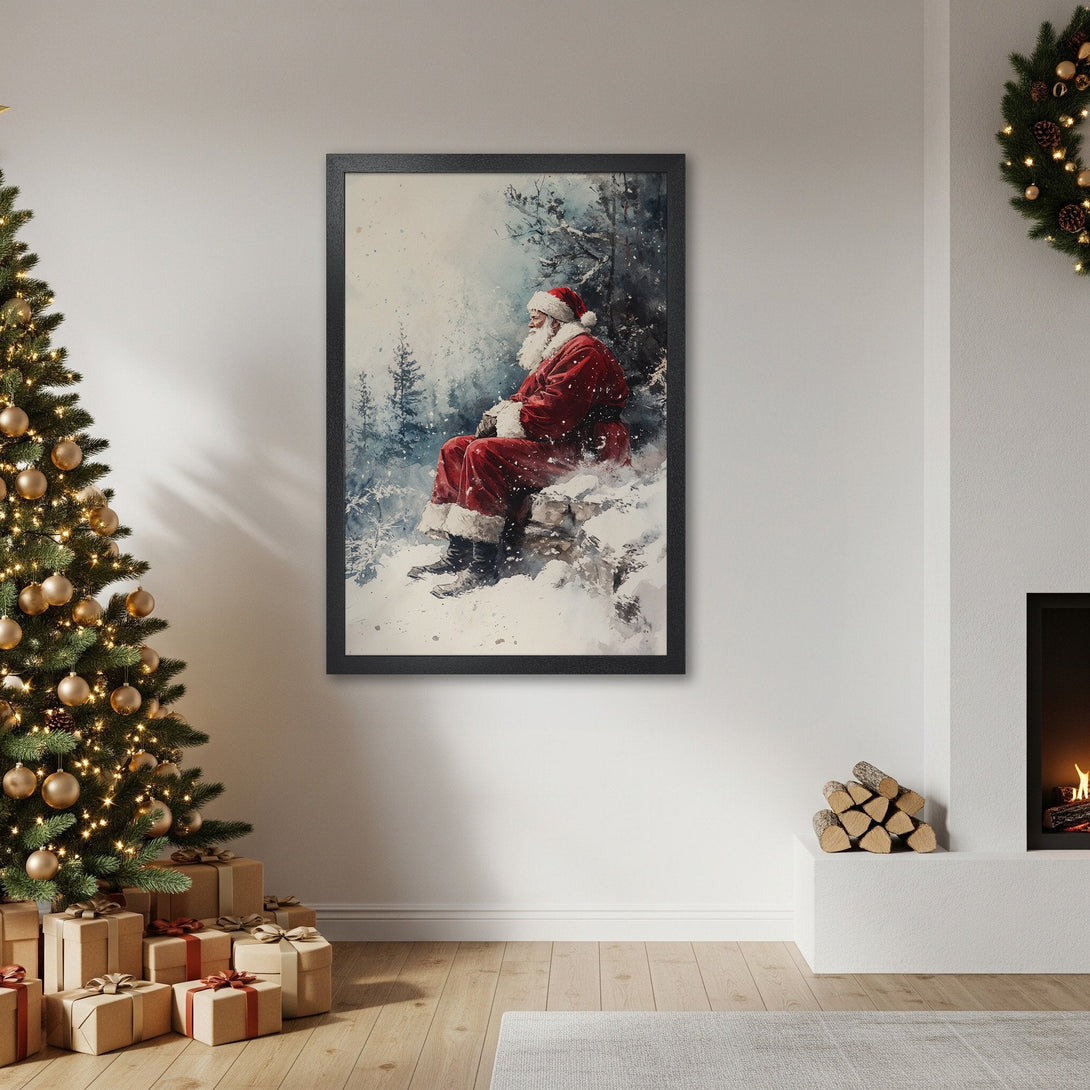 Framed Poster featuring Santa Claus in watercolor style, with a red and blue color palette, perfect for Christmas decor.