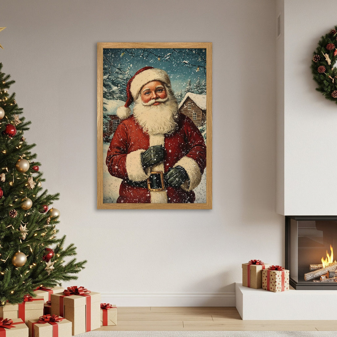 Framed Poster of Santa Claus in a vintage style, featuring a red and blue color palette. Perfect Christmas decor!