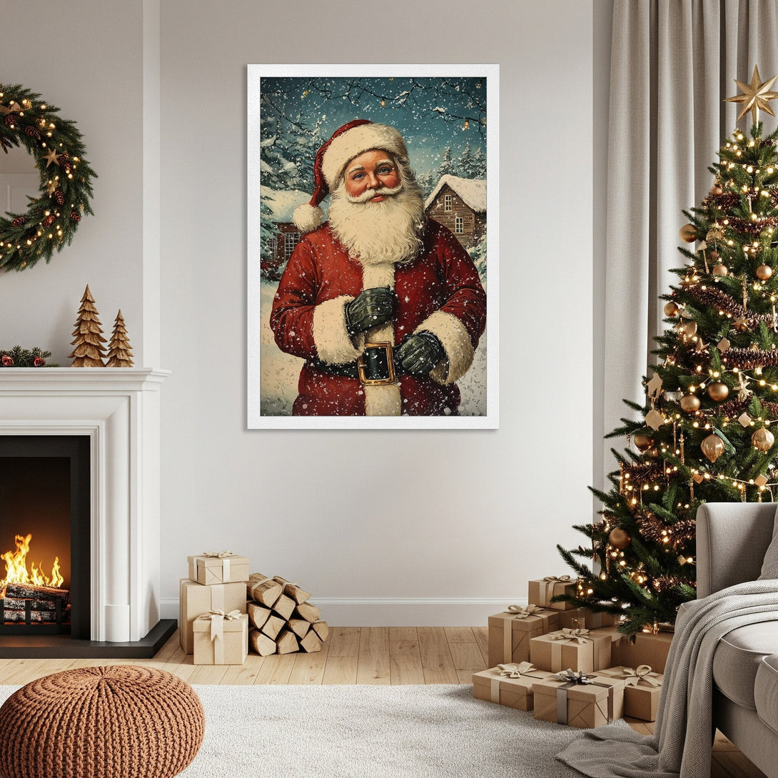 Framed Poster featuring Santa Claus in a vintage style, with a red and white color palette. Perfect Christmas decor!