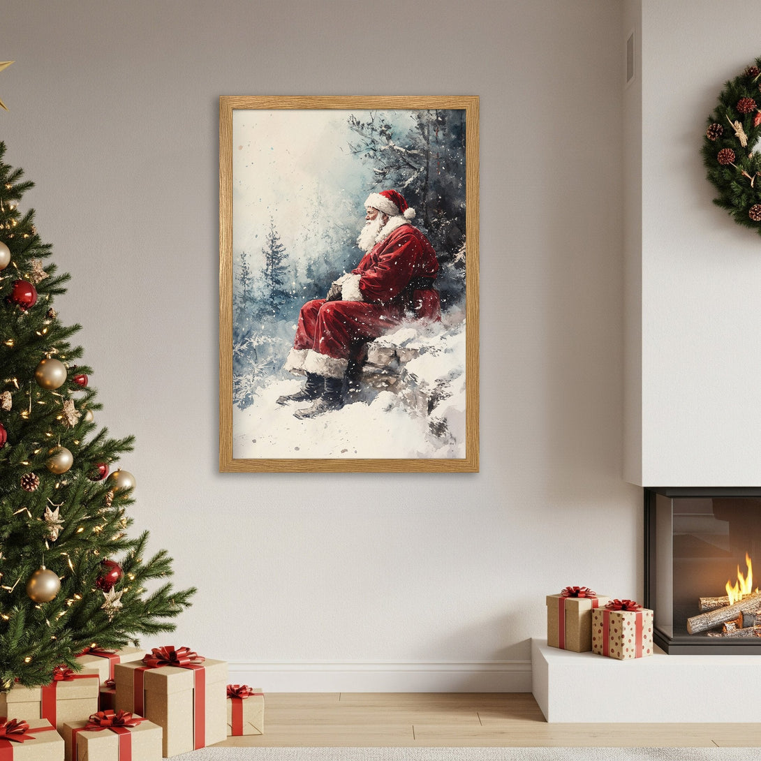 Framed Poster featuring Santa Claus in watercolor style, with a red and blue color palette, perfect for Christmas decor.