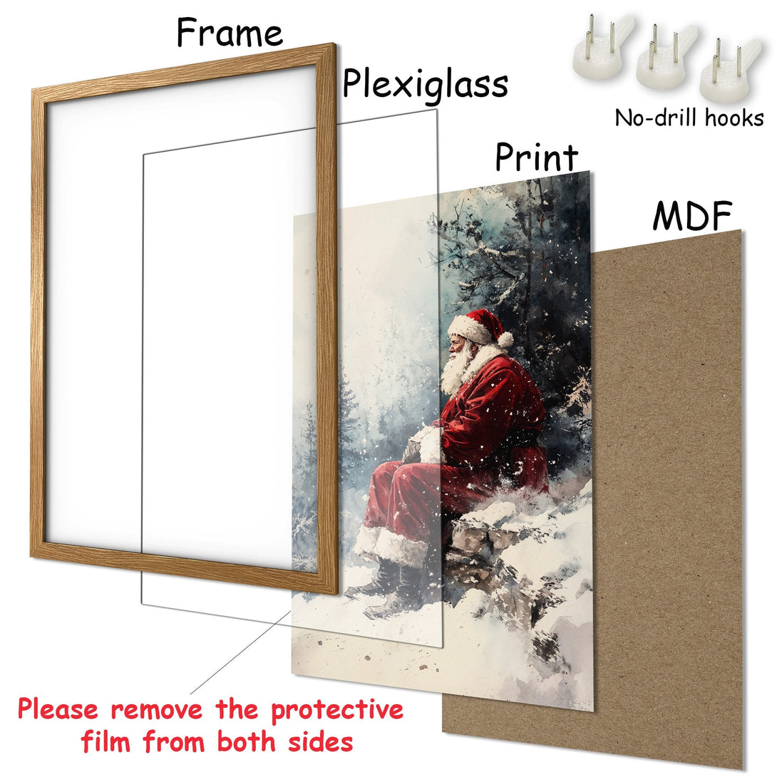 Framed Poster featuring Santa in a watercolor style, with a red and blue color palette. Perfect Christmas decor!