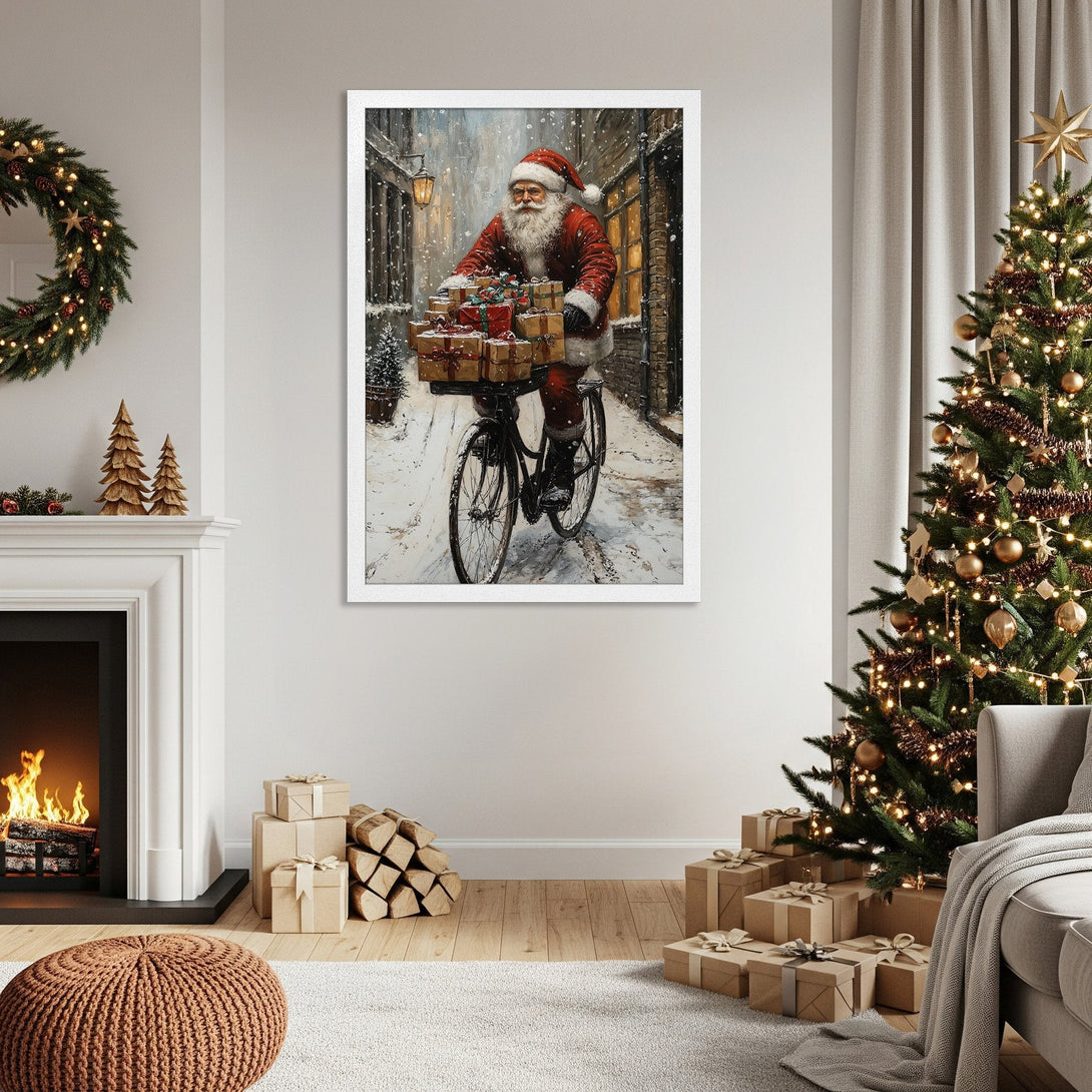 Framed Poster featuring Santa Claus on a bicycle, classic art style, winter scene, warm colors. Perfect Christmas decor!