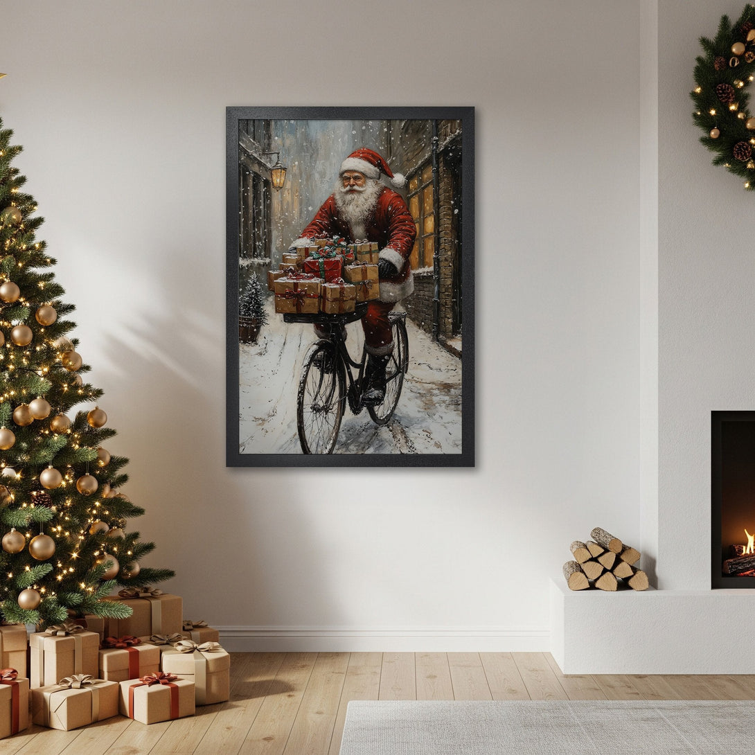Framed Poster featuring Santa Claus on a bicycle, vintage style, with a warm, festive color palette. Perfect Christmas decor!