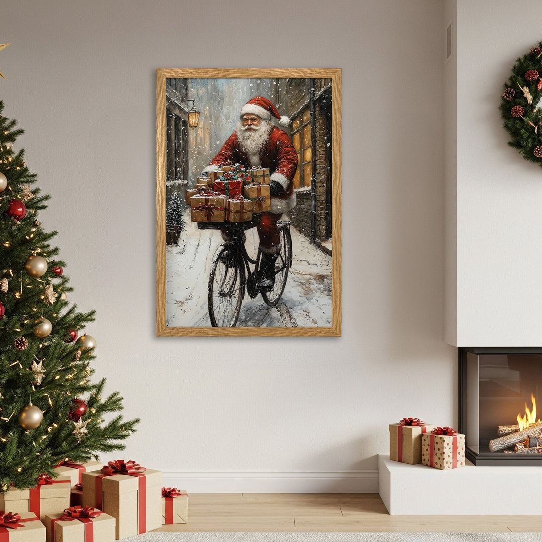 Framed Poster featuring Santa Claus on a bicycle, vintage style, warm red & beige tones, perfect Christmas decor.