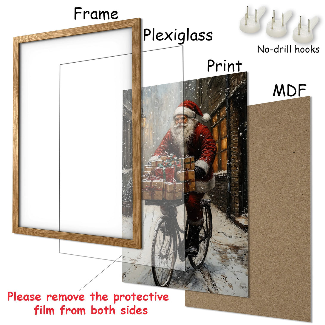 Framed Poster featuring Santa on a bicycle in a snowy scene, warm color palette. Perfect Christmas decor!